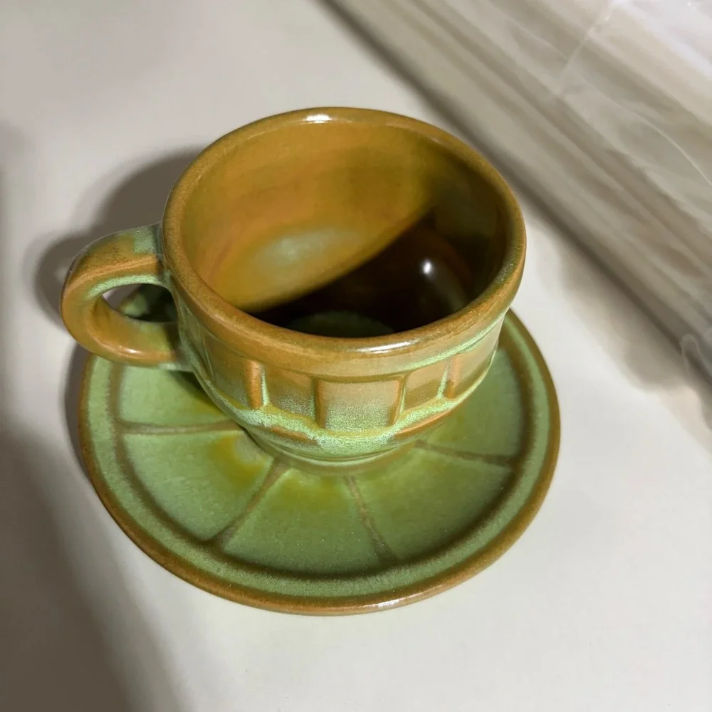 Frankoma Pottery Prairie Green Wagon Wheel Cup and Saucer Set 94S Vintage